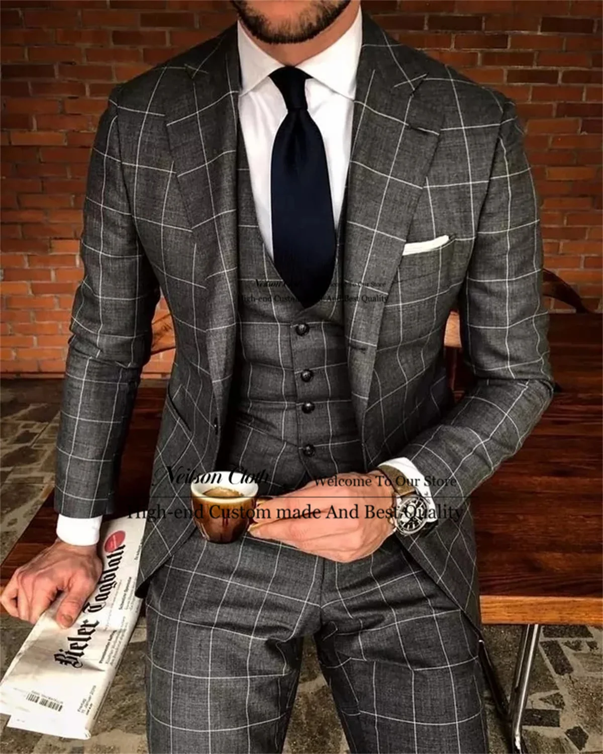 Trajes a cuadros negros para hombre esmoquin con solapa y muescas 