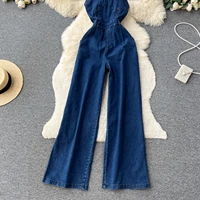 Retro ABG Spicy Girl Sle Strap Vest Denim Jumpsuit Women Summer Waist Cinched Slimming Wide Leg Floor Length Pants - Image 3