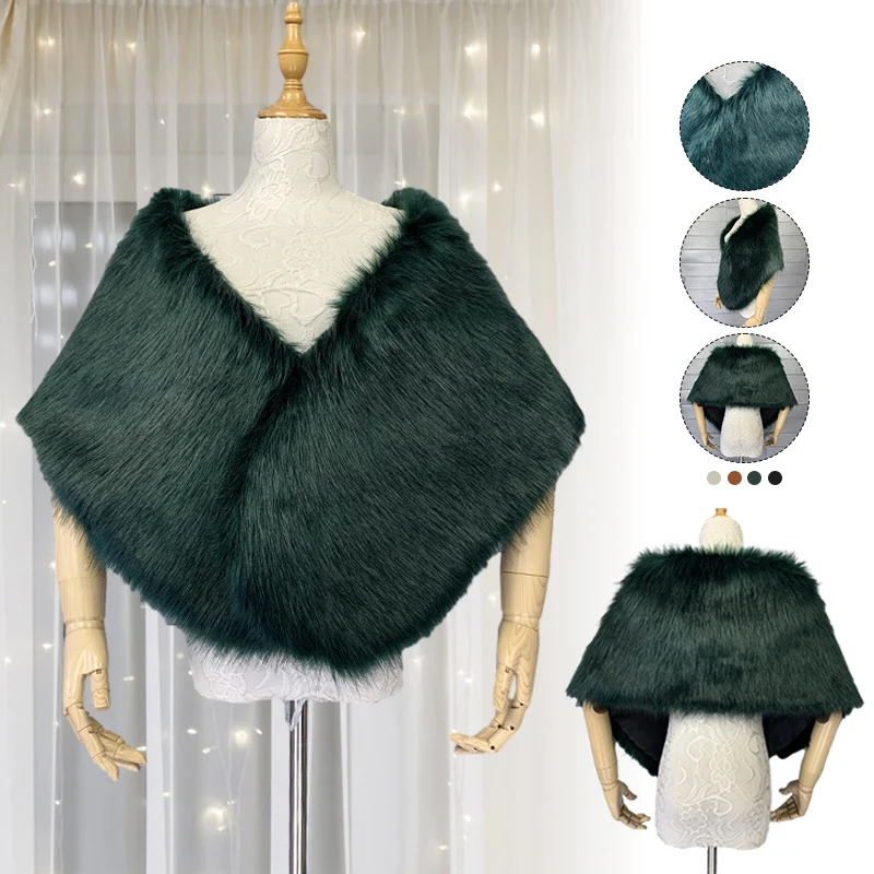 Women Winter Warm Plush Shawl Wraps Bridal Wedding Cape Elegant Winter Faux Fur Shawl Stole Shrug Scarf For Evening Party Decor