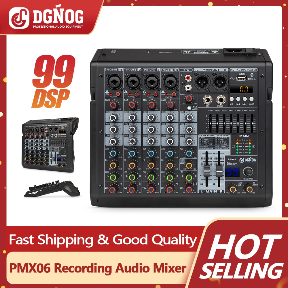 

6-Channel Mixing Console 99 DSP Digital 48V Phantom Power MP3 Input 7-Stage EQ with Bluetooth Podcast PC Recording DGNOG PMX06