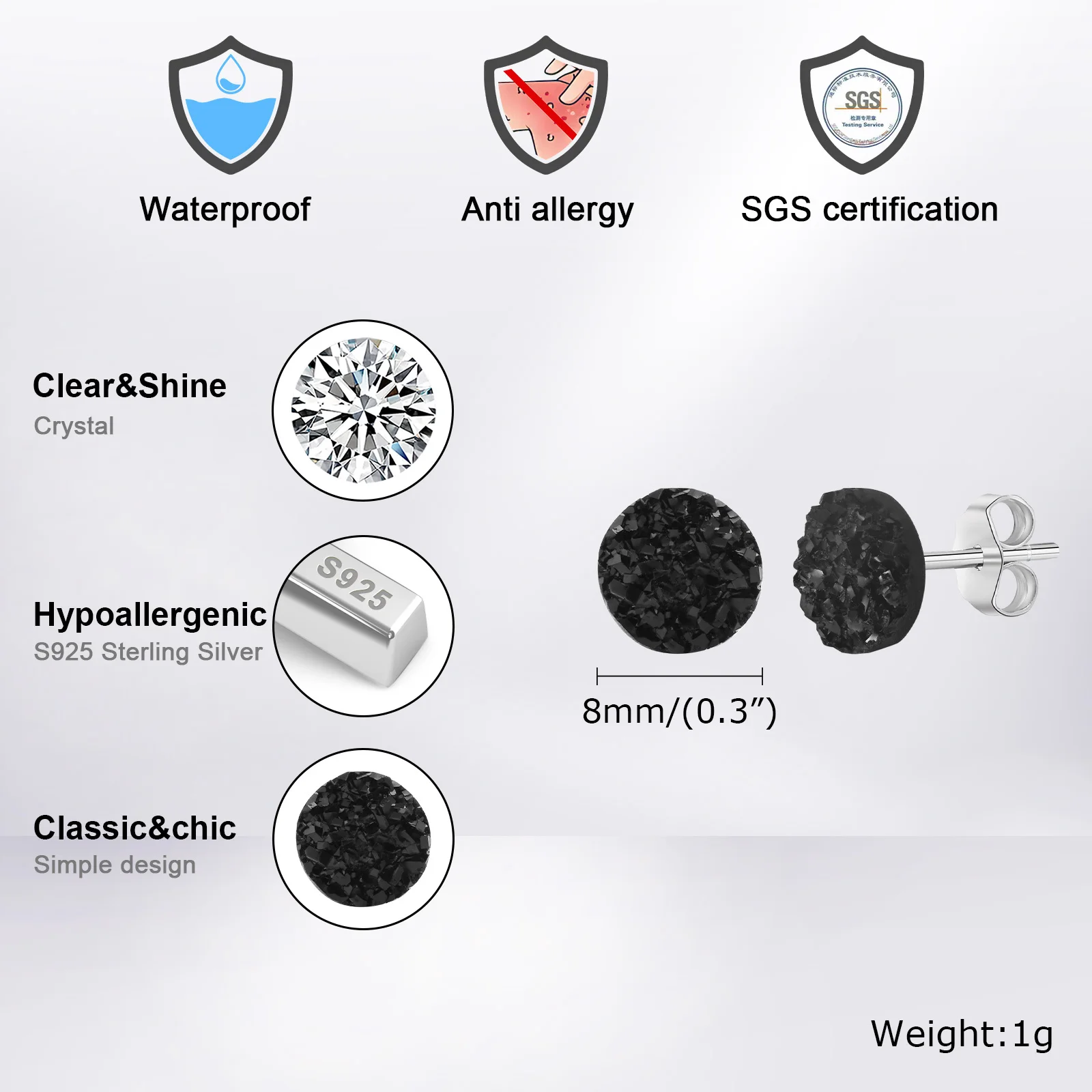 S925 Needle Crystal Cluster Earrings for Men Boys, Simple