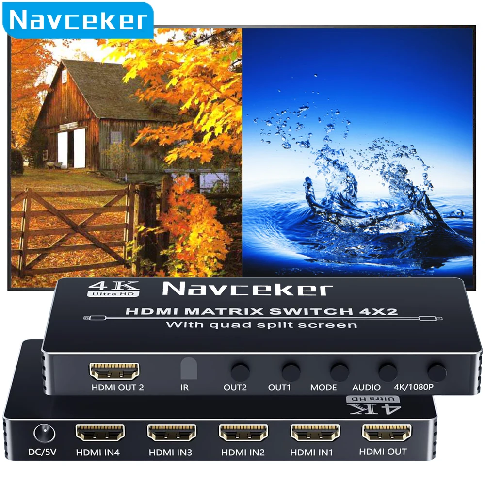 Navceker HDMI 4x2 Multi-viewer switcher 4K Seamless Quad Screen Multi Viewer Splitter 4 in 2 out HDMI Switch Adapter IR hdmi compatible converter for PC