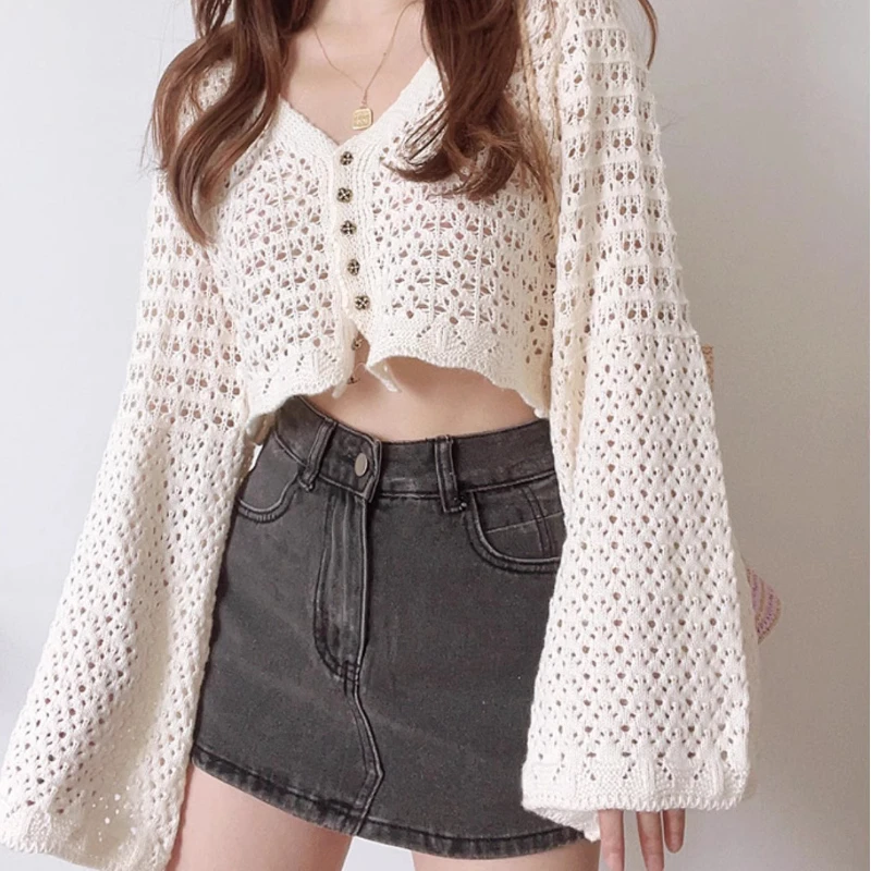 

Женская ажурная блузка, однотонный вязаный кардиган с длинными рукавами-фонариками и V-образным вырезом, модель 2023 в Корейском стиле, 28939