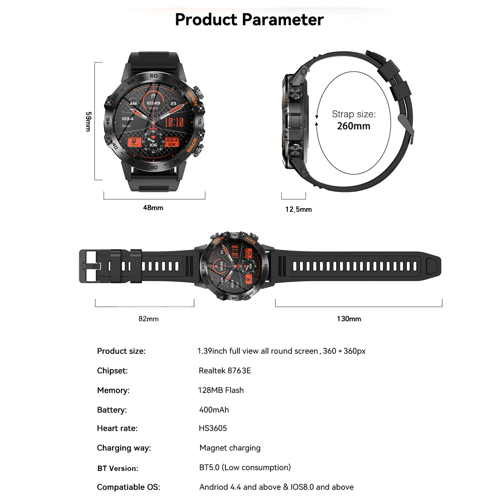 K52 Smart Watch 1.39inch FullTouch Screen Bluetooth Call Fitness