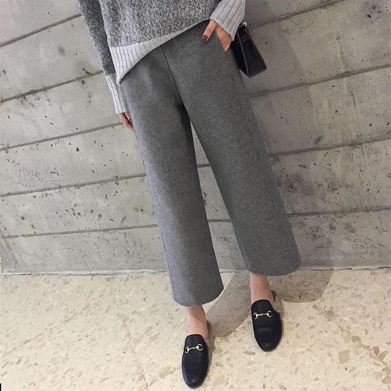 Casual Woolen Blend Wide Leg Pant Women Autumn Winter High Waist Ankle-Length Pants Office Lady Korean Baggy Pantalones Straight