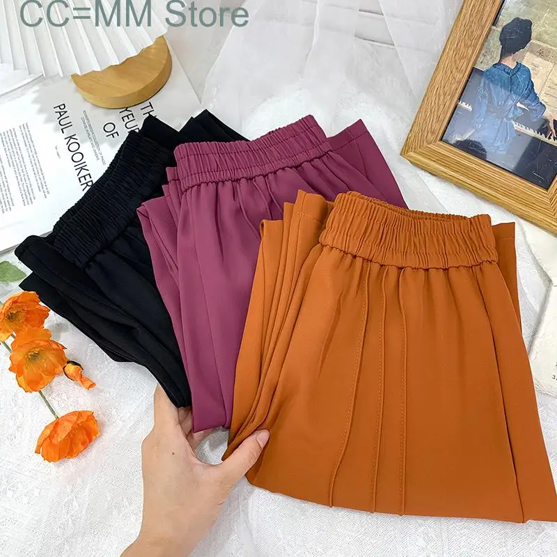 New Office Ladies Pants for Women Elastic Waist Summer Korean Fashion Casual Loose High Waist Elegant Wide Trousers