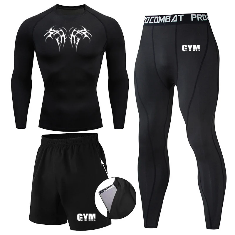 3pcs Men's Compression Sportswear Suit MMA Tight Sports Yoga Sets Workout Jogging Bjj Rashguard Clothing Tracksuit Pants Boxing