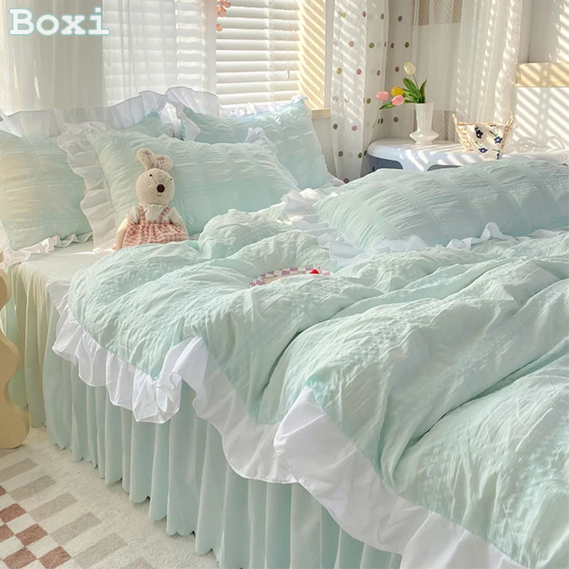 Korean Princess Seersucker Conjuntos de Cama para Meninas, Kawaii Ruffle Lace Saia de Cama, Capa de Edredão, Cor Sólida, Queen Size, Double Sheets Sets