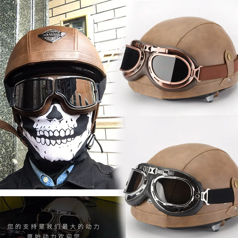 

Retro Motorcycle Helmet Motor Bike Cap Vintage Classic Half Leather Helmet with Goggles Pedal Locomotive Prince Cap Brown 328