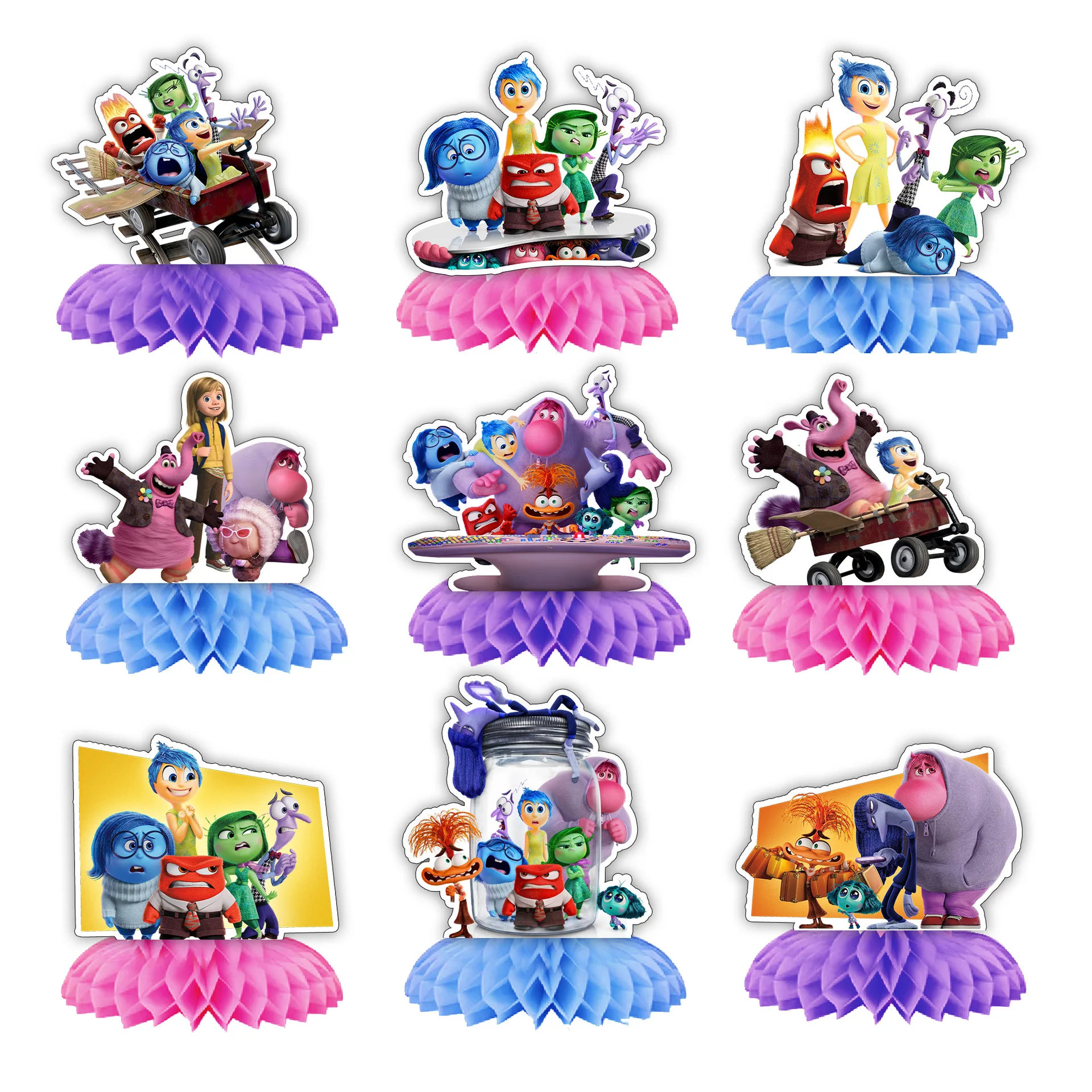 thumbnail image 1 of Set de decoración para fiesta de cumpleaños de Disney Inside Out 2, telón de fondo con feliz cumpleaños de Inside Out, platos de papel, servilletas, vasos, globos y suministros, 1 of 5