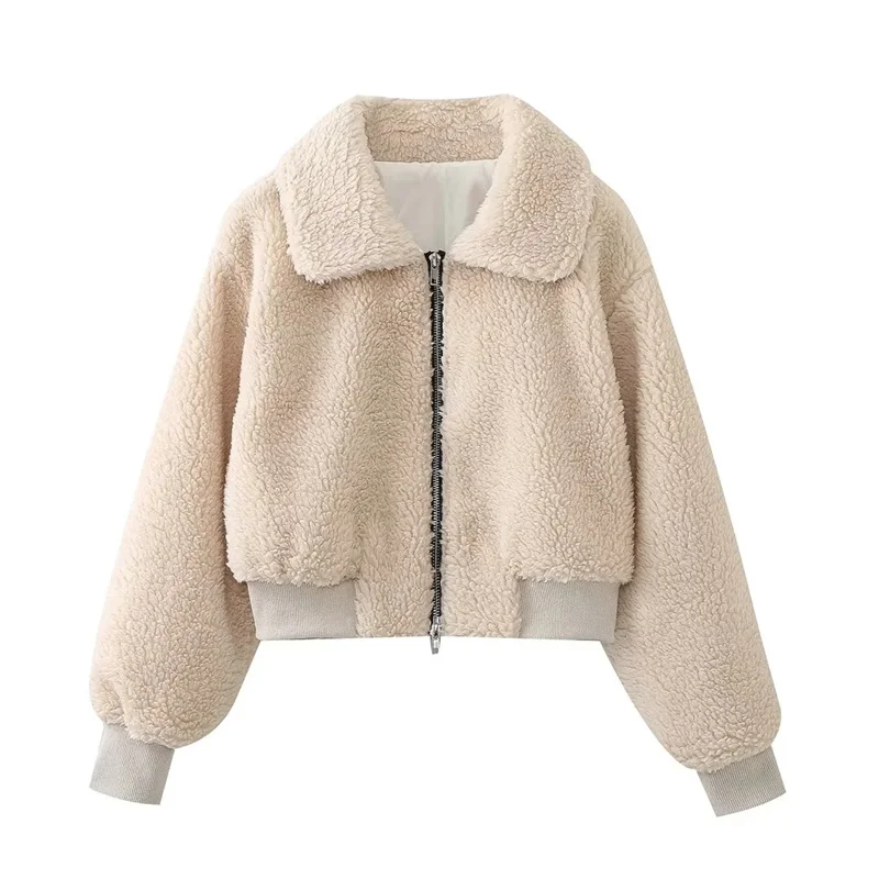 

TRAF Warm Bomber Style Jackets For Women Autumn Lapel Long Sleeves Coats Winter Zipper Cropped Thick Lamb Wool Tops Lady Outwear