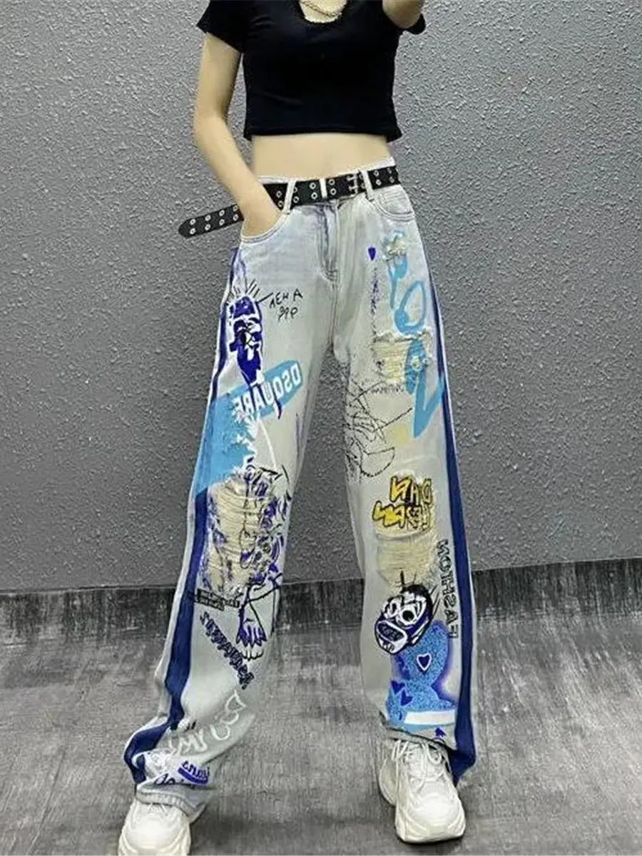

Cool Hip Hop Graffiti Jeans Girl Punk Harm Pants Spring Trousers Femme High Waist Denim Baggy Y2K Autumn Harajuku Jeans Women