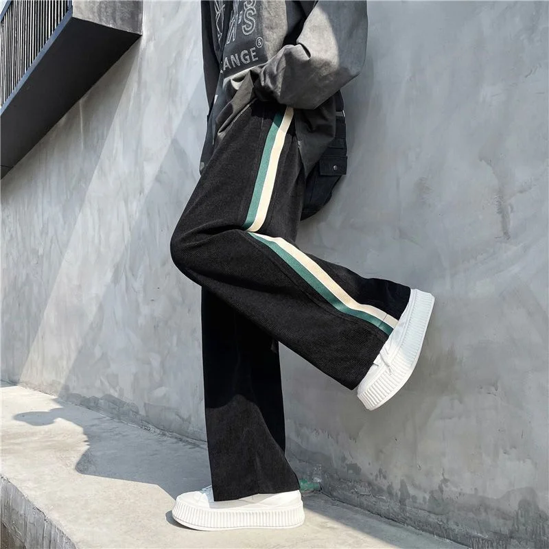 American Street Pants Loose Corduroy Patchwork Striped Pants Men Contrasting Elastic Waist Drawstring Straight Casual Trousers