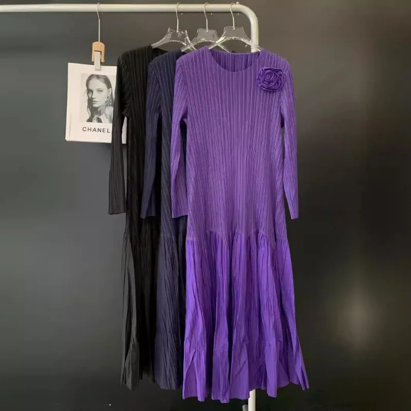 

Платье миаке Плиссированное с круглым вырезом и длинными рукавами, однотонное платье микса составного кроя с большим подолом