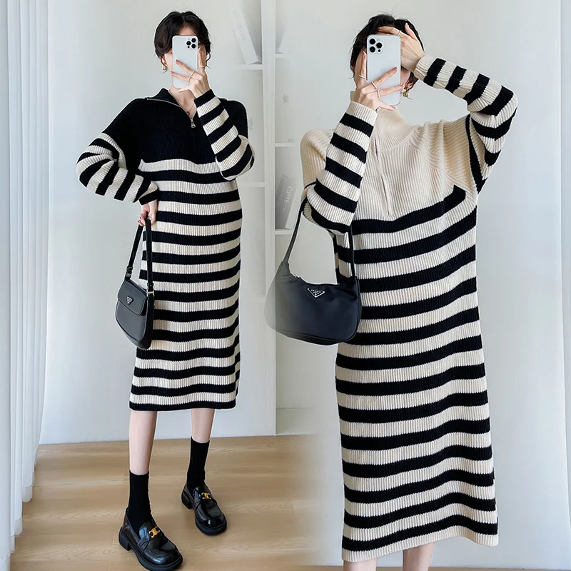 

2023 Winter Maternity Knitting Dress Black White Striped Zipprt Fly Turn-down Collar Pregnant Woman Sweater Long Loose Knitwear