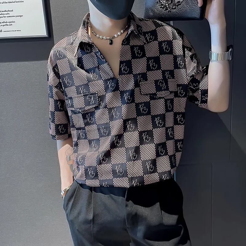 

Brand Plaid Shirts Men 2022 Summer Half Sleeve Loose Casual Pullover Fashion V Neck Business Shirt Social Party Tuxedo Blouse