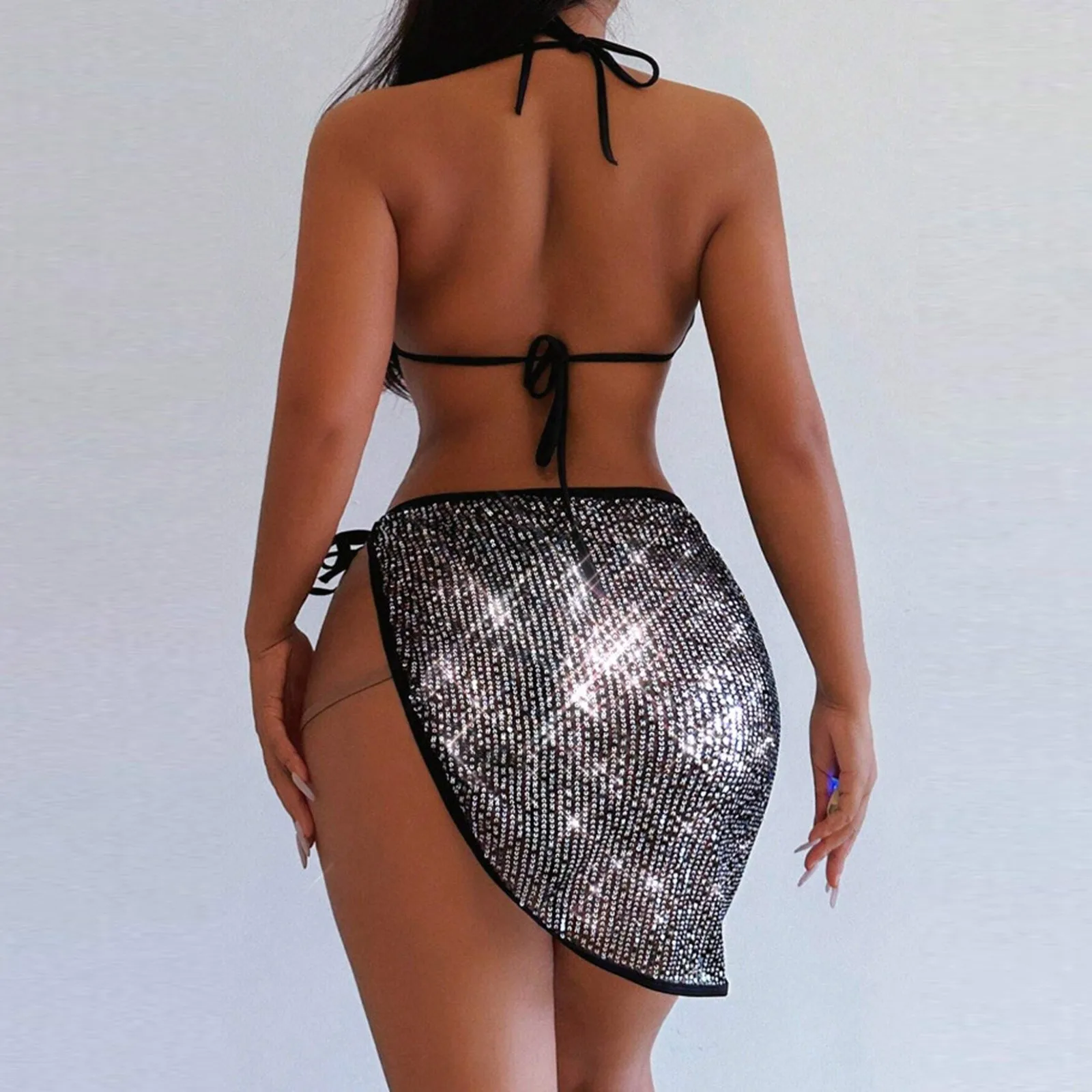 Women'S Three Piece Bikini Sexy Sequin Skirt Swimsuit Plaid Halter Extreme Mini Micro Thong Bikini Fashion Beach Split Swimsuit