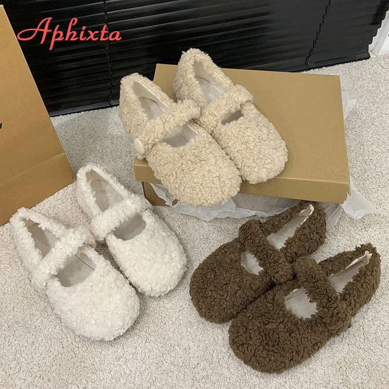 Aphixta Short Plush Furry Shallow Woman Flats Khaki Warm Woman Casual Shoes Hook Loop  Flats Shoes Women  Fashion Ladies Shoes