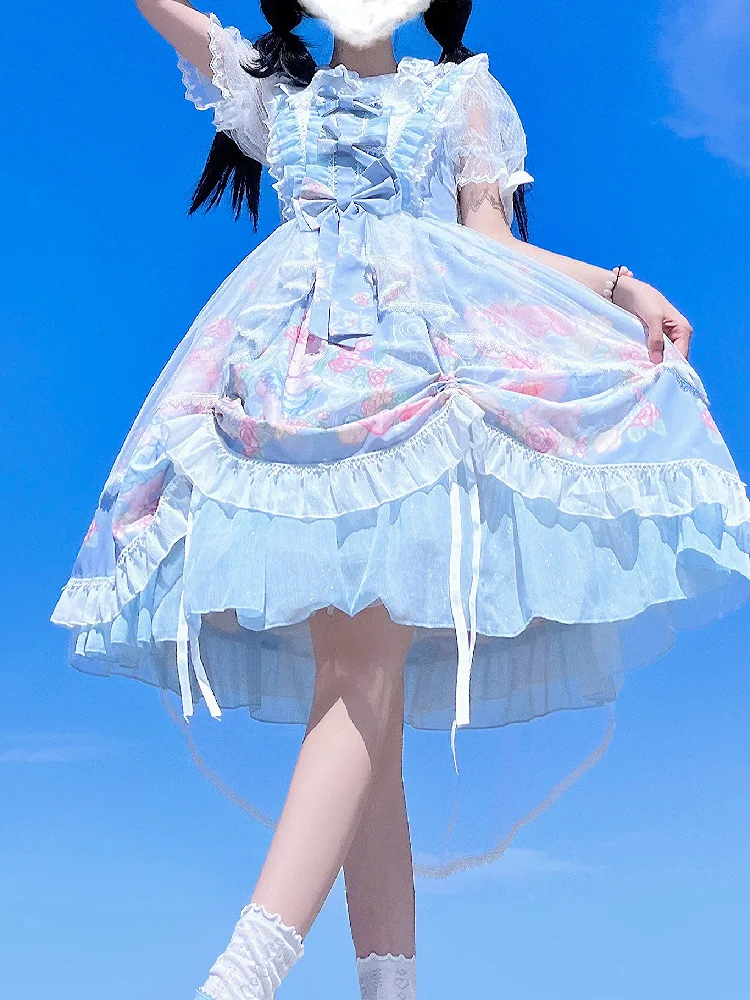 

Elegant Sweet Japanese Lolita Style Cartoon Printed Dress Women Sleeveless Princess Dress Suspenders Jsk Cute Bow Party Vestidos