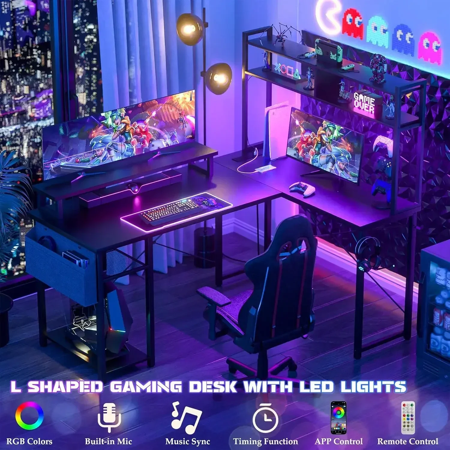 New2025-Small L Shaped Gaming Desk with LED Lights & Power Outlets, Reversible L-Shaped Computer Desk with Monitor Stand & Stora