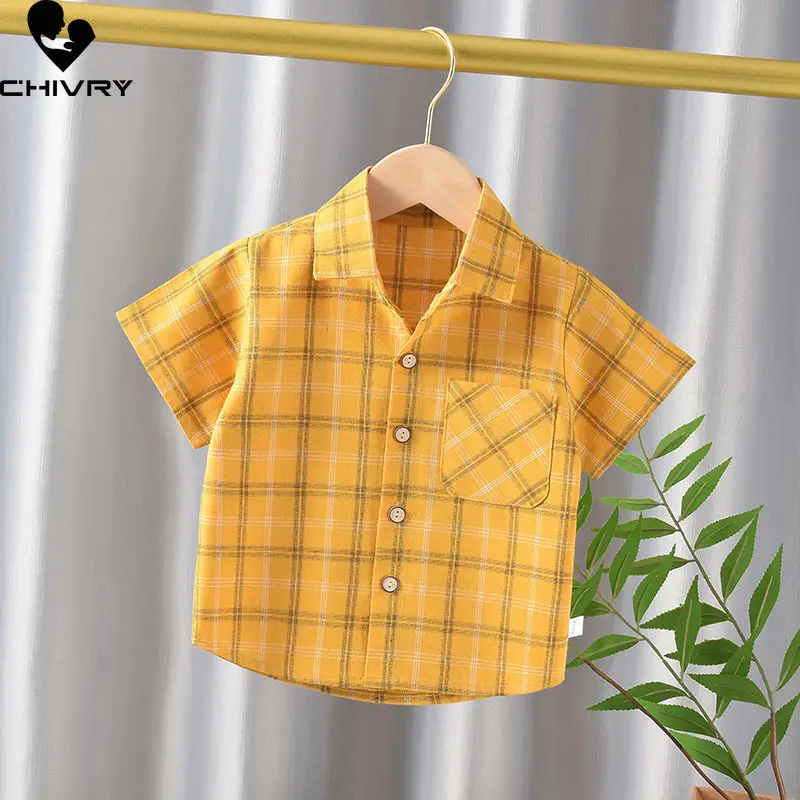 Boys Shirts Summer New Kids Boys Fashion Short Sleeve Lapel Single-breasted Classic Plaid Shirt Tops Children Clothing