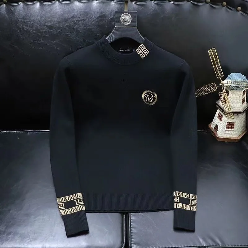 Sweat-shirt tricoté pour hommes col rond couche de base brodée décontractée hiver nouveau style respirant à manches longues coupe ajustée coton T-S...