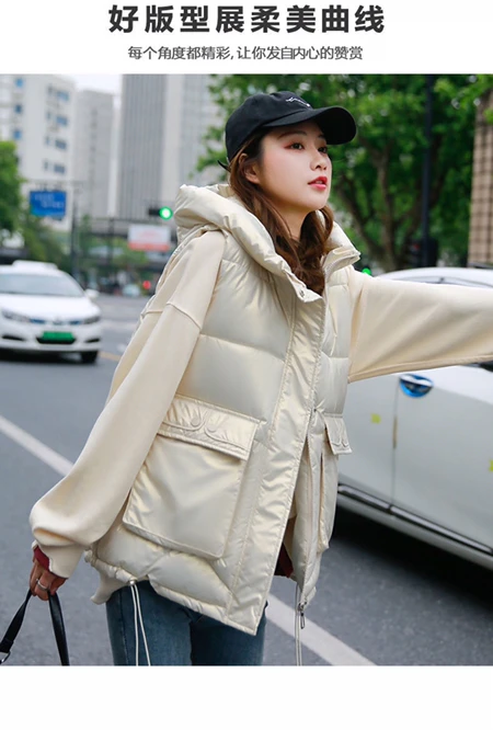 2021 New Autumn Winter Women's Down Cotton Horse Bright Fabric With Hat Girl Fashion Vest Outdoor Coat Leisure Gray long puffer coat womens