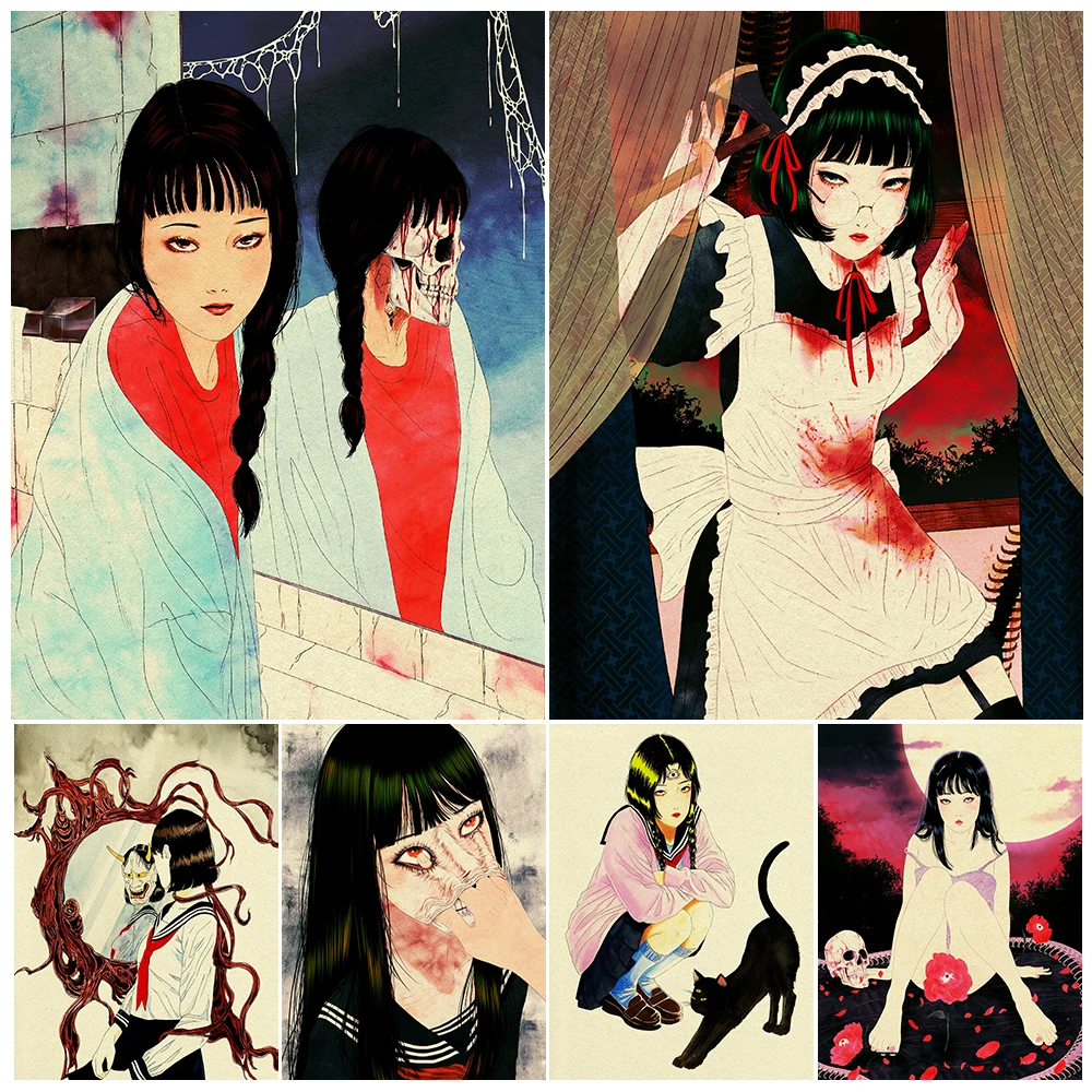 

Terrifying Demon Girl Wall Art Creepy Black Haired Girl Canvas Print Ghost Faced Girl In The Mirror Art Poster Print Home Decor