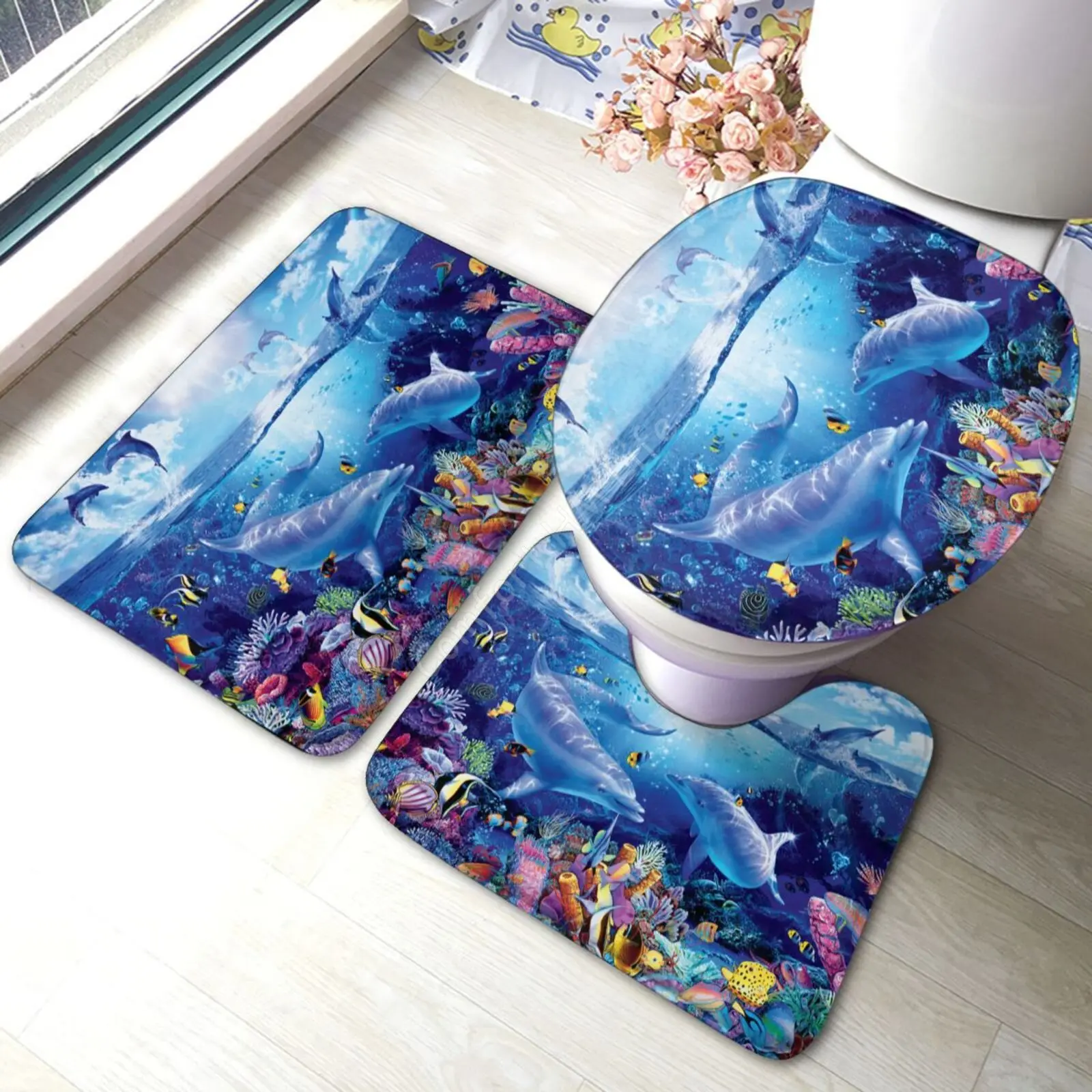 Dolphins Ocean 3 Pieces Toilet Cover Non Slip Mat Bath Rugs Toilet Seat