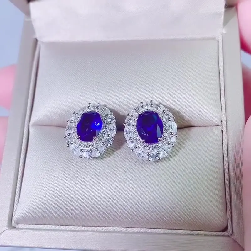

New Fashion Trend S925 Silver Inlaid 5A Zircon Ladies Personality Jewelry Set Sapphire Ring Earring Pendant Three-piece Set