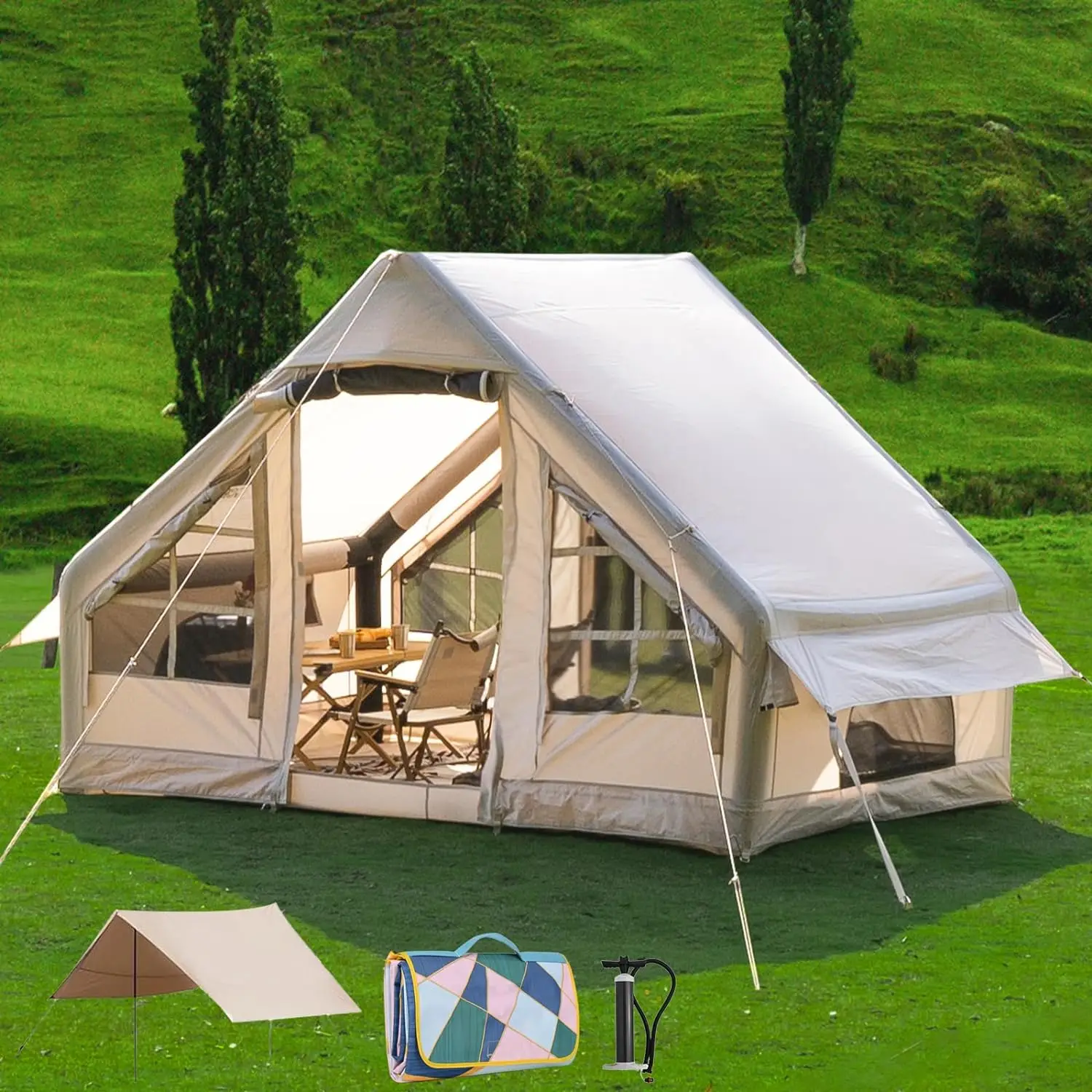 

Inflatable Camping Tent with Picnic Blanket,2/4/6 Person Cabin Tent,Glamping Tents, Easy Setup Waterproof Outdoor Oxford Tents