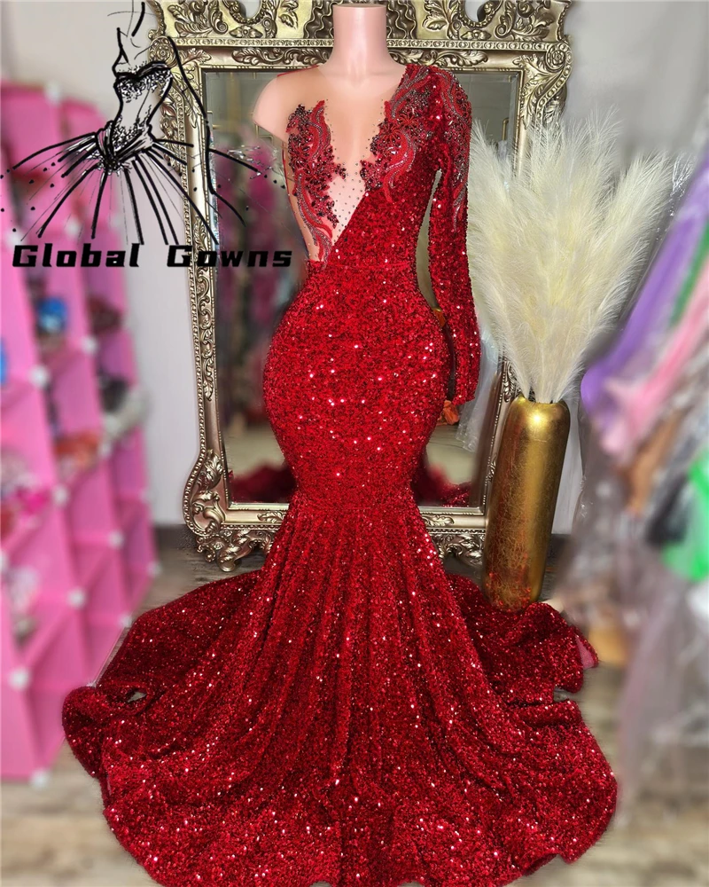 

Sexy Red O Neck Long Prom Dresses For Black Girl Sequined Birthday Party Dress Appliques Evening Gown Mermaid Robe De Bal