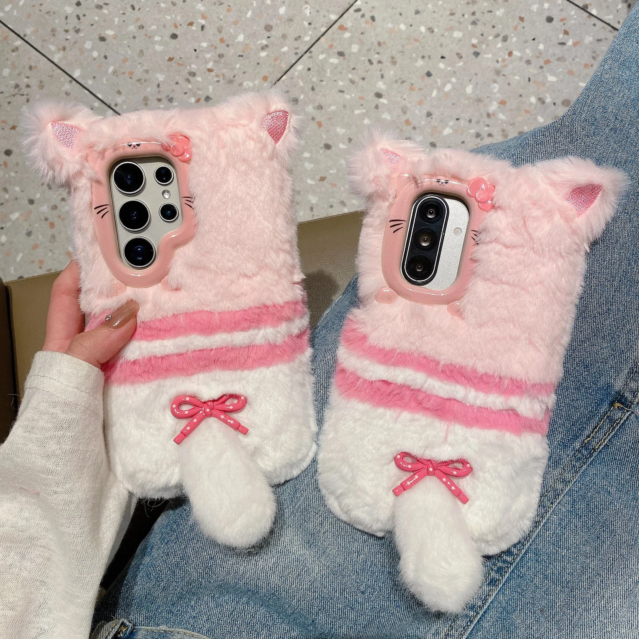 3D Furry Bowknot Kitty Cat Winter Warm Fluffy Soft Fur Case