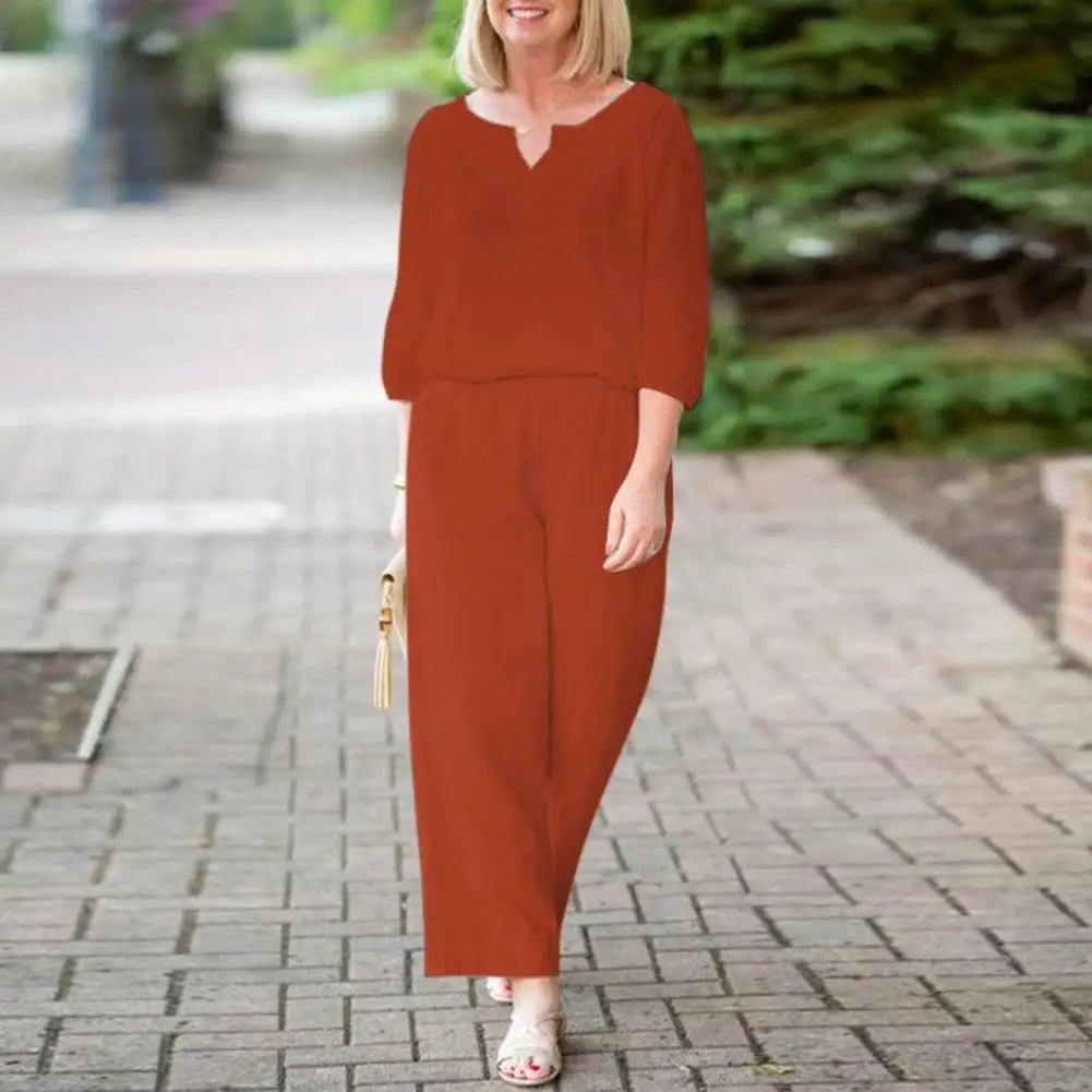 

Summer Fashion Suit Stylish Women's V Neck Top Pants Set with Half Sleeves Straight Pockets High Waist Solid Color for Daily