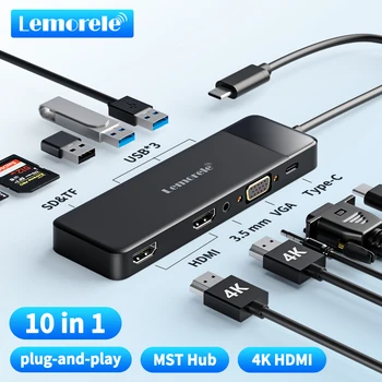 Lemorele USB-C 허브 도킹 스테이션, USB C타입-듀얼 HDMI, 4K, 30Hz VGA, USB 3.0 어댑터, 맥북용, PD100W SD 카드 리더기, 10 포트