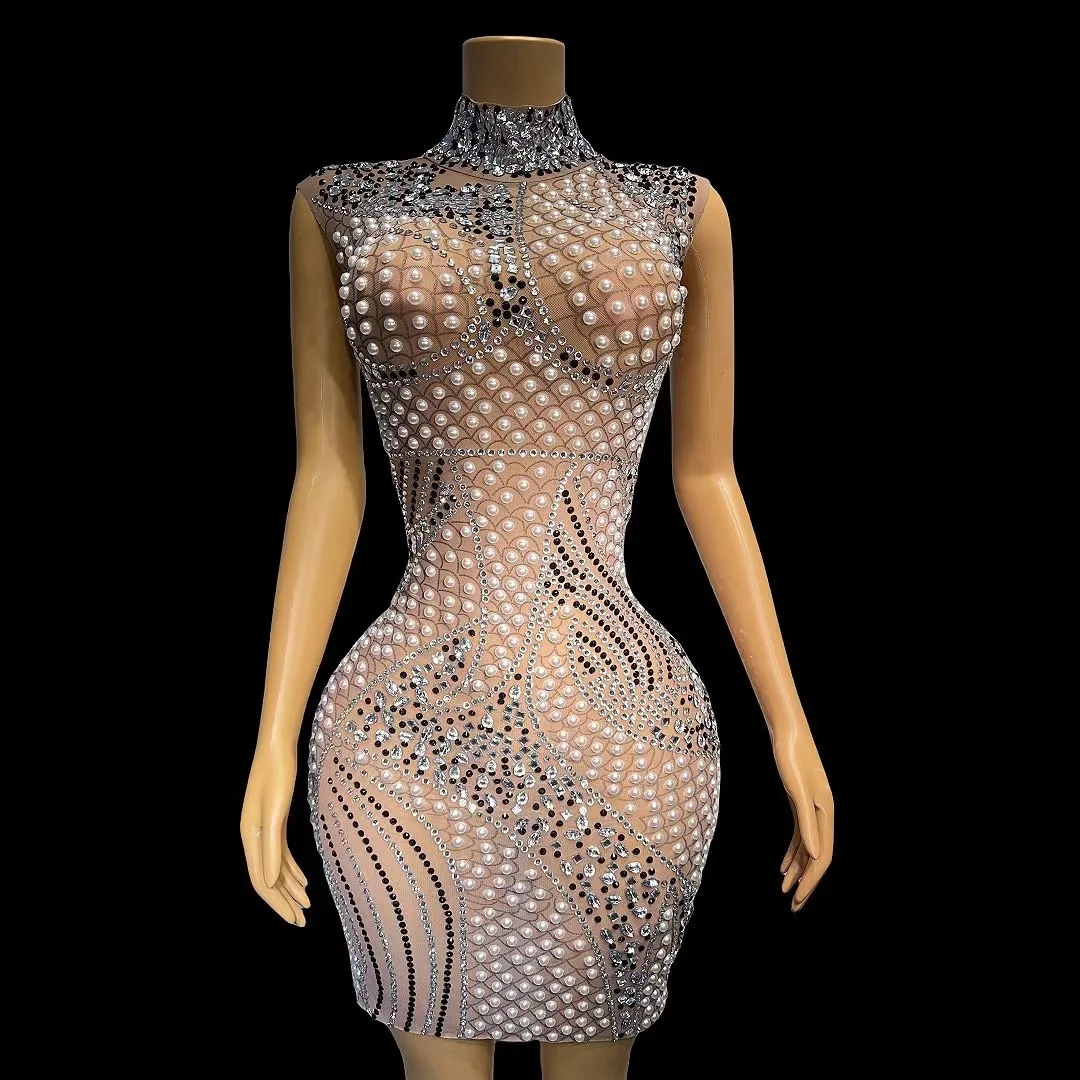 

Women Sexy Stage Pearls Silver BlackRhinestones Nude Mesh Dress See ThroughCostume Singer Dance Birthday Celebrate Dress C096