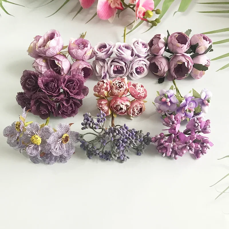 6/8/10/12/50/70/90pcs Mix Purple Flower Cherry Stamen Berries Bundle DIY Christmas Wedding Cake Gift Box Wreaths Decor