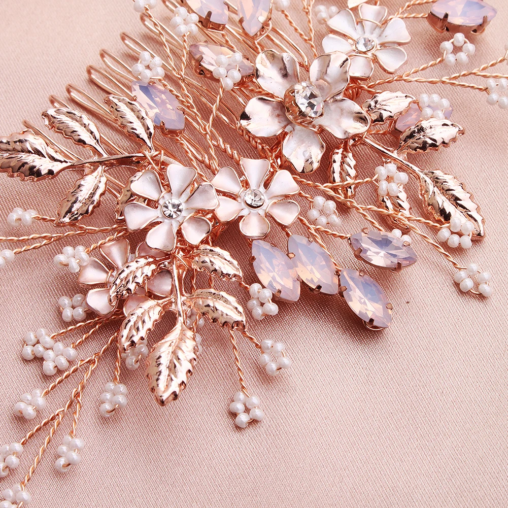 Roségold Legierung Blume einzigartige Haarkamm Braut Hochzeit Kopf bedeckungen Haarschmuck Zubehör Urlaub Haars pangen für Frauen – Detail 12