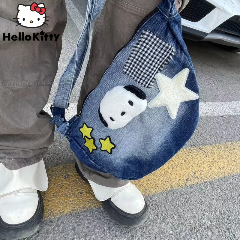 

Новинка, джинсовые сумки через плечо Sanrio почacco, милая Наплечная Сумка Y2k для девушек с мультяшным рисунком и градиентом, женские модные сумки, повседневные сумки-тоуты