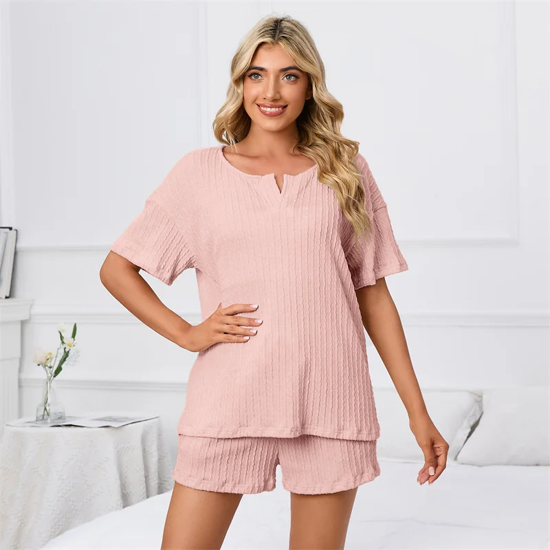 Spring Summer Women's Pajamas Set Solid V-Neck Short Sleeve Shorts Casual Sleepwear Comfortable Loose Fitting Home Clothing