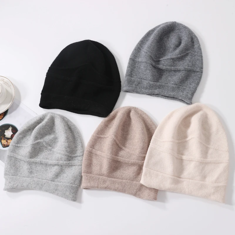 100%Pure Cashmere Beanies for Women Winter 2023 Solid Warm Soft Hat Bonnets y2k Knitted Skullies Cute Hats Ear Protect Caps 5