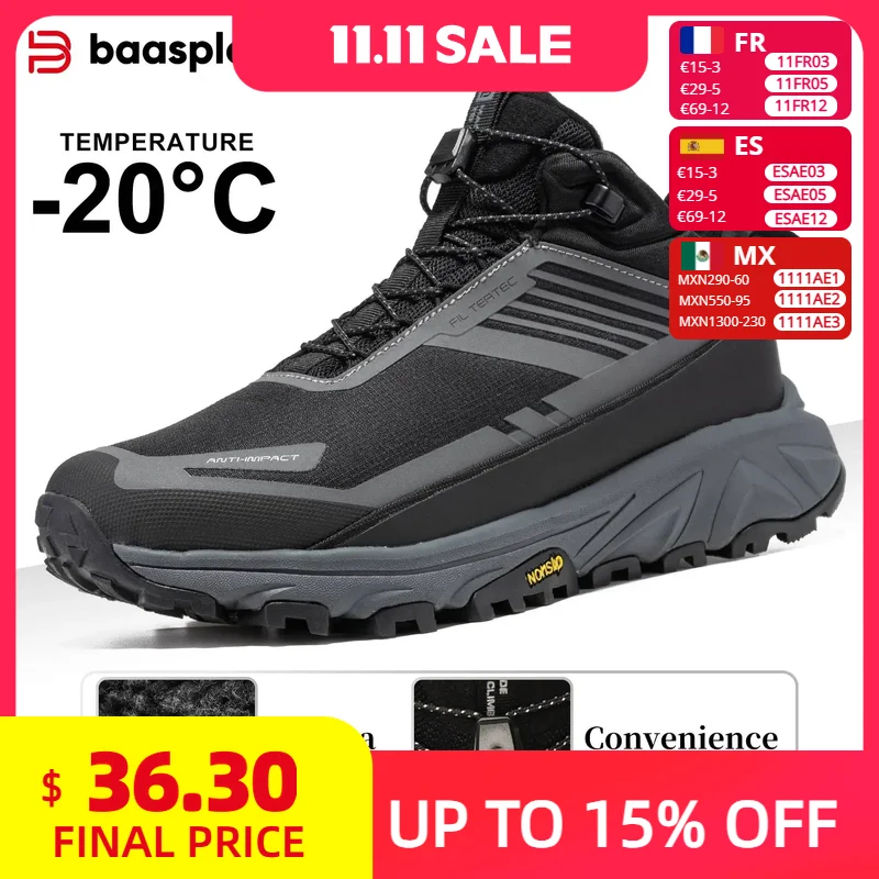 Baasploa Men Hiking Shoes Outdoor Waterproof Resistant Sneakers Male Winter Comfort Plush Warm Casual Walking Shoes Non-Slip