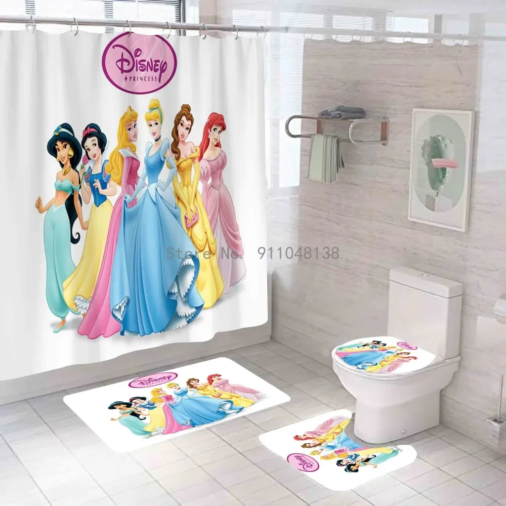 Disney Princess Series 3D Bath Shower Curtain Waterproof Curtains In The Bathroom With Hook Set Soft Bath Mat Toilet Carpet Rugs