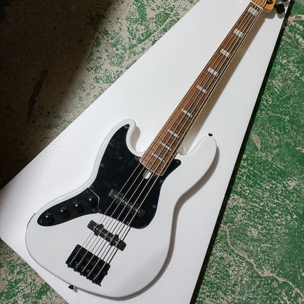 

Left Hand 5 Strings White Electric Bass Guitar with Active Circuit Rosewood Fretboard Customizable