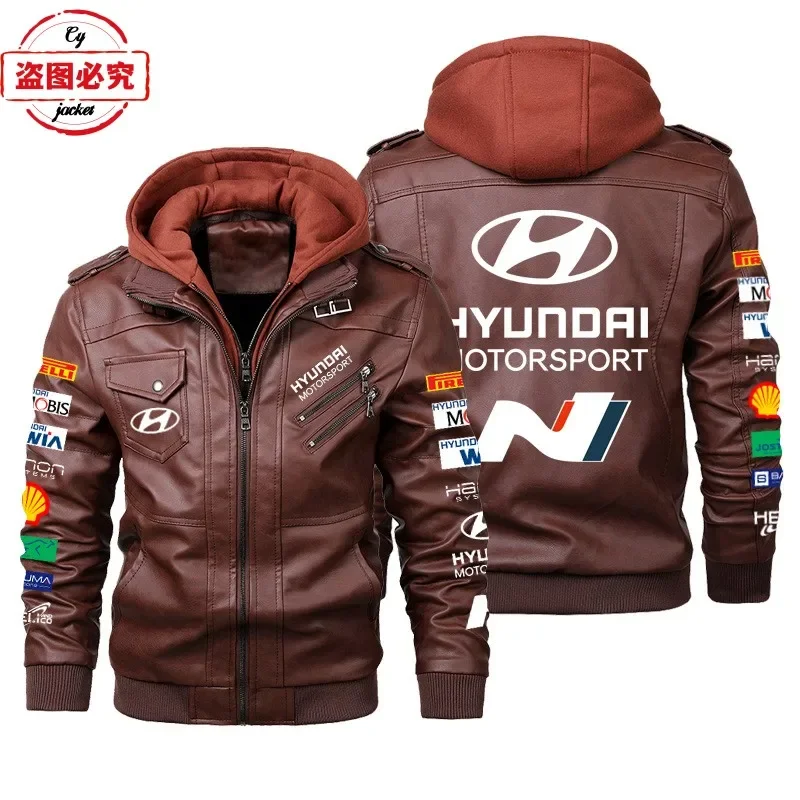 Hyundai N car LOGO retro washed pu leather jacket men's hooded clip Hyundai N team jersey 2