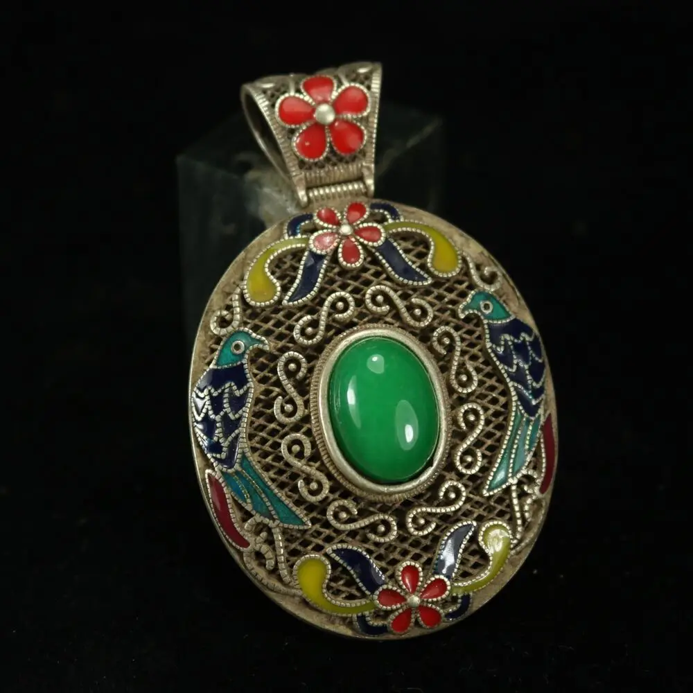 

Rare Chinese Jade Inlay Tibet Silver Enamel Craft Flowers Birds Necklace Pendant