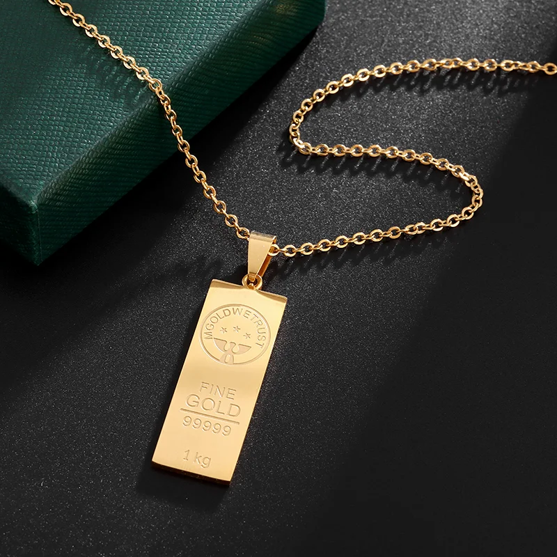 Fashion Gold Color Cuboid Stainless Steel Pendant Necklace for Men Women Trendy Hip Hop Domineering Street