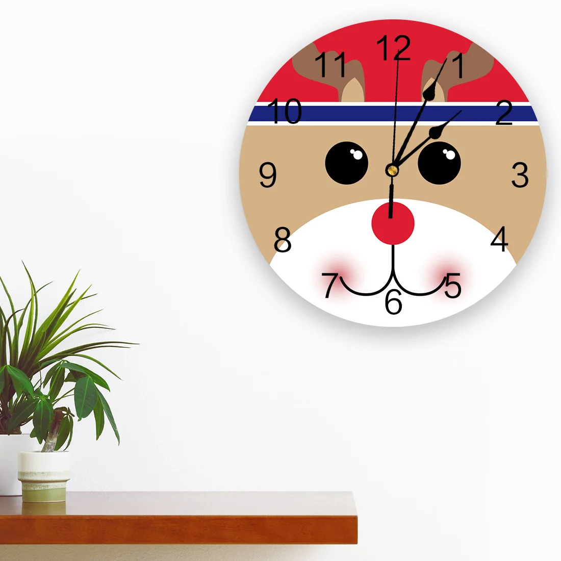 Christmas Deer Red Brown Cute Face Round Wall Clocks Desktop Digital Clock Non-ticking Creative Childrens Room Wall Watch