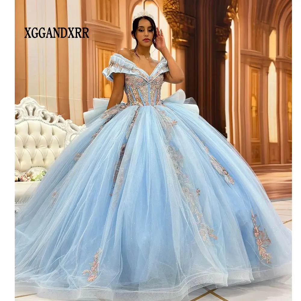 

Голубое Бальное платье с блестками, платья для Quinceanera 2024, милое платье принцессы 16 с аппликацией, кружевами, бусинами и оборками для выпускного вечера, платья для 15 лет Miss