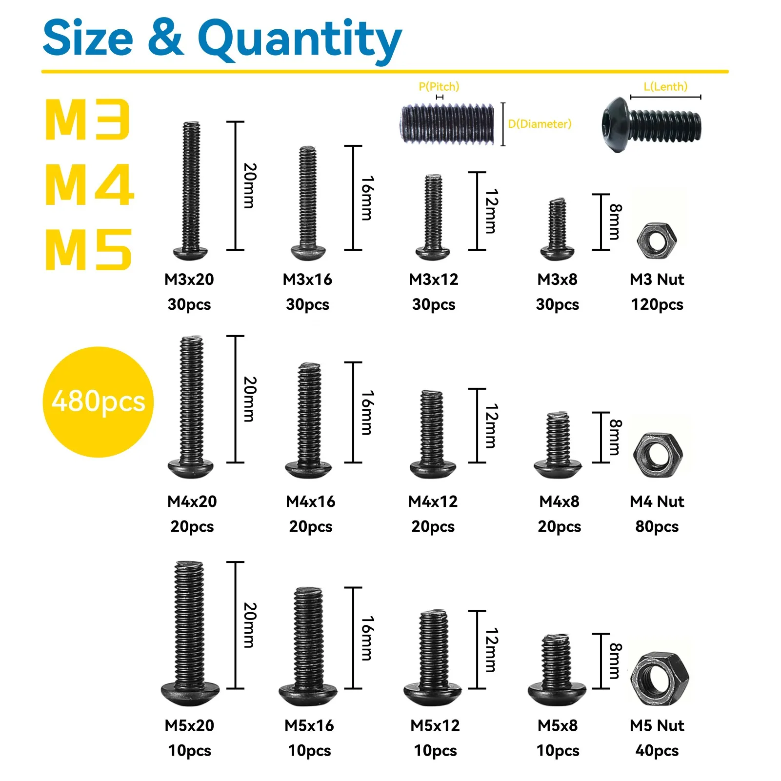 M3 M4 M5 Hex Socket Button Head Bolts Nuts Kit Screw 8mm/12mm/16mm/20mm 480Pcs with 3 Hex Wrenches